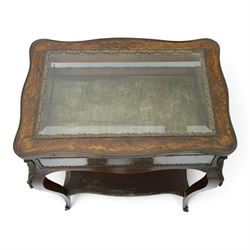 Louis XV style rosewood and marquetry bijouterie table,  glazed hinged top within a floral marquetry border and gilt metal moulded edge, above glazed sides and a baize lined interior, raised on cabriole legs with gilt metal mounts and sabots, united by an undertier