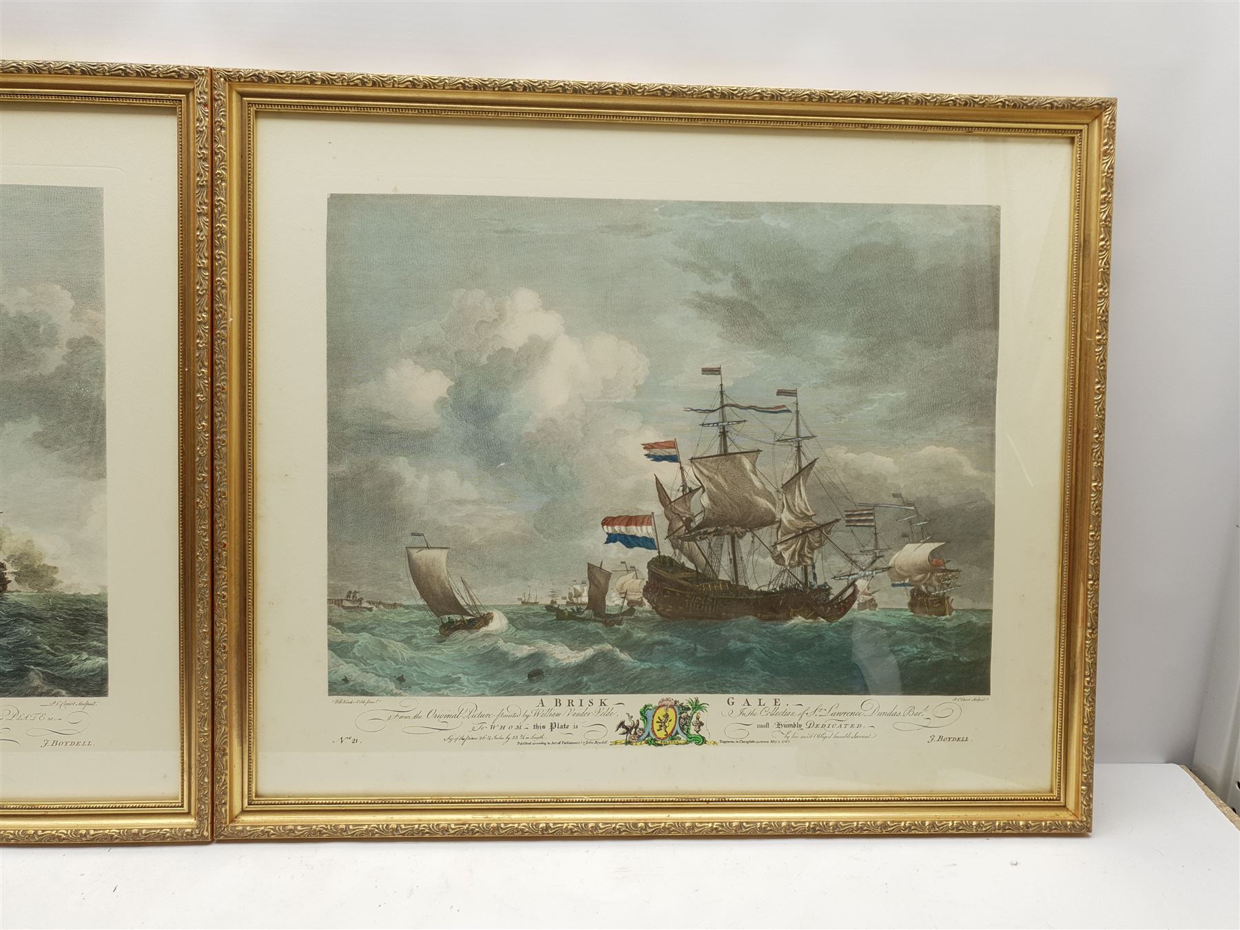After Willem van de Velde II (Dutch 1633-1707): 'A Brisk Gale' and 'A Moderate Gale', pair 20th century lithographs 43cm x 53cm (2)