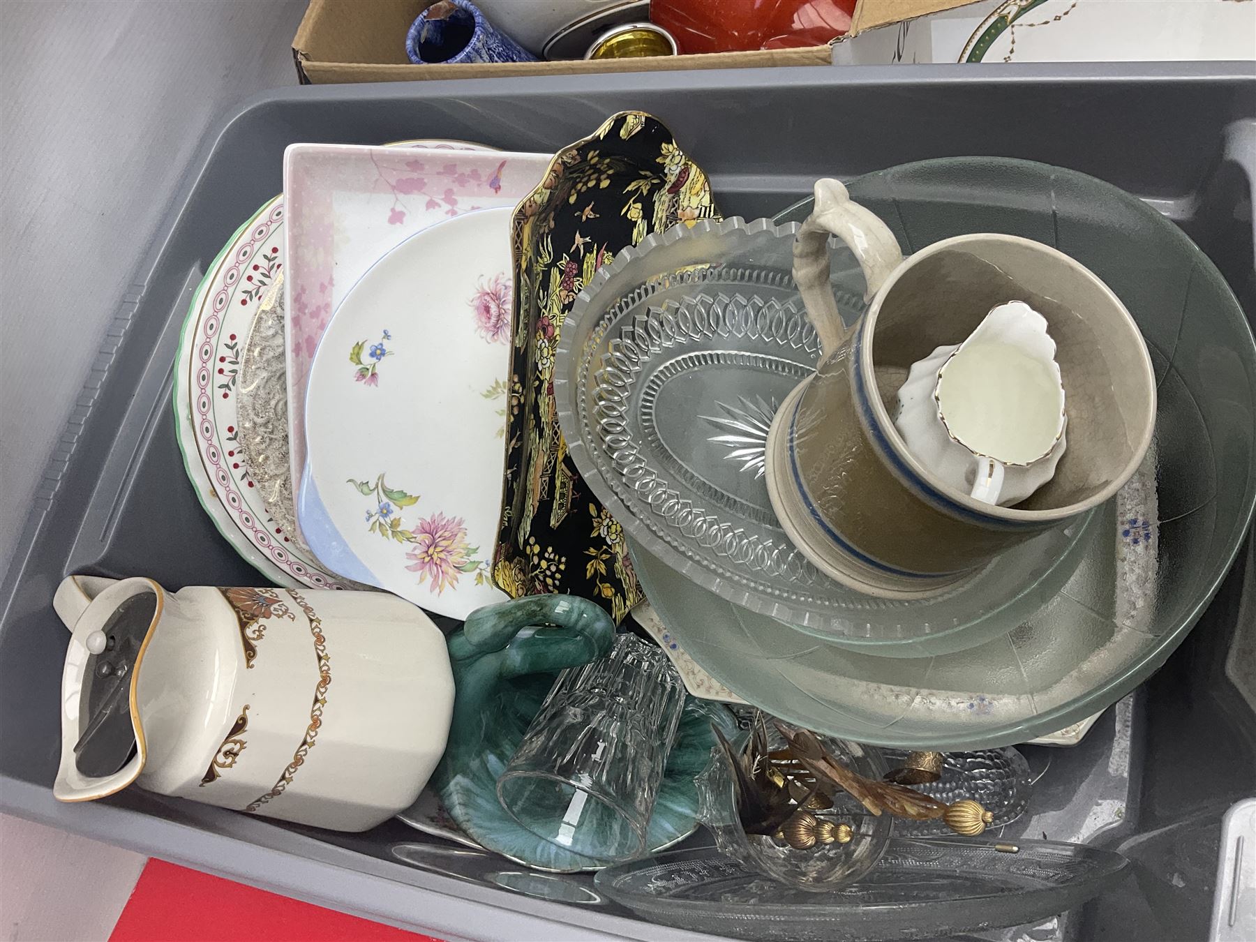 Royal Crown Derby duck, together with Emma Bridgewater mug, Coalport wall plaque and other ceramics and glassware etc, in three boxes 