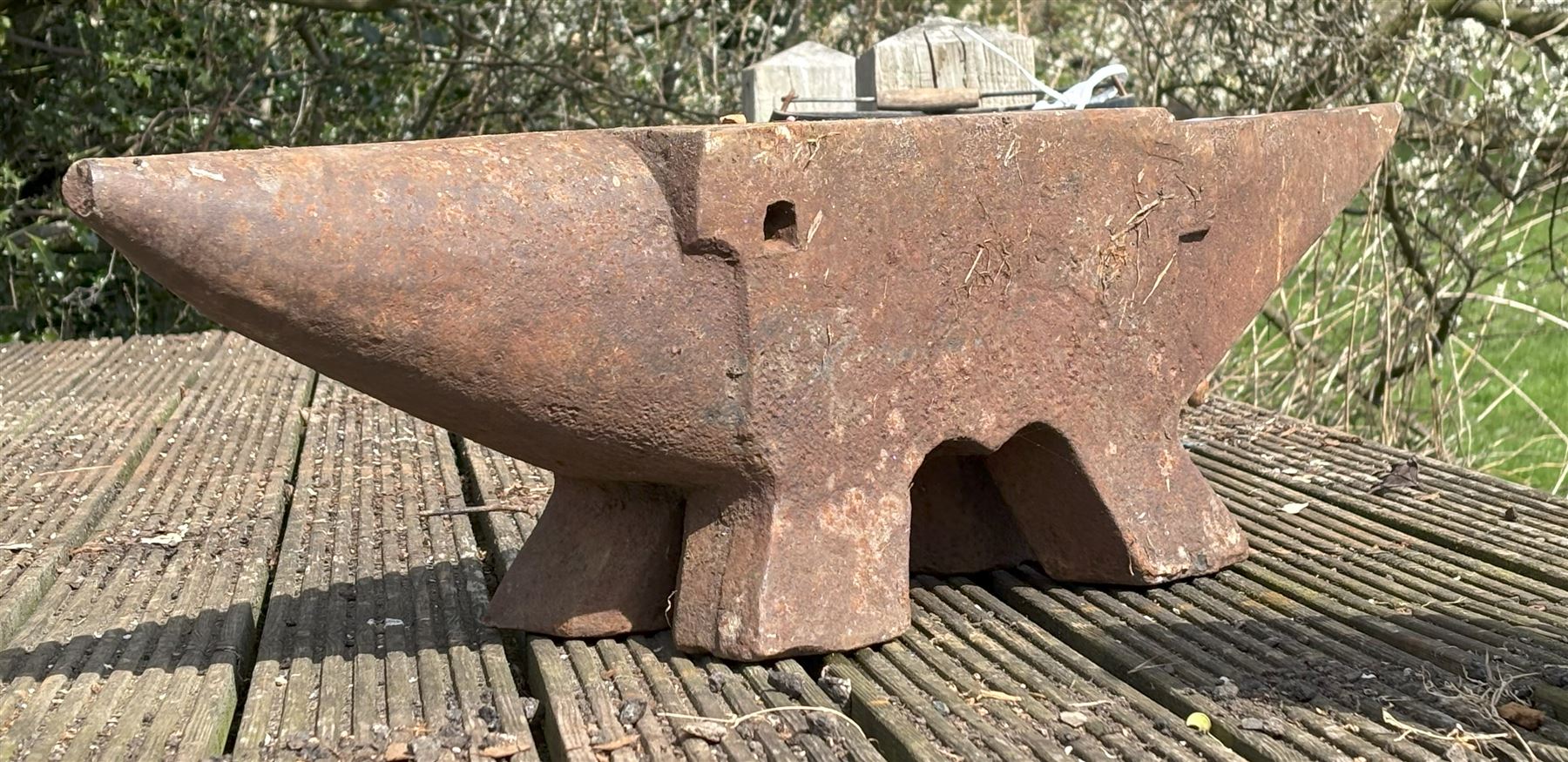 19th century French 'Pig' blacksmiths anvil, signed by maker. H25cm, L92cm.  - COLLECTION BY APPOINTMENT FROM: The White House, Thirsk Road, Easingwold, York, YO61 3NF - CALL 01723 507111 TO ARRANGE