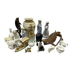 Collection of ornaments and vases, including a Victorian figure of a girl H17.5cm, two Nao figures of a girl with a dog and a girl praying, small mantel clock H11cm etc. 
