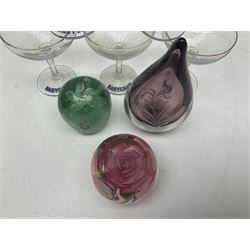 Five Babycham glasses, together with five paperweights, to include examples from Liskeard glass etc