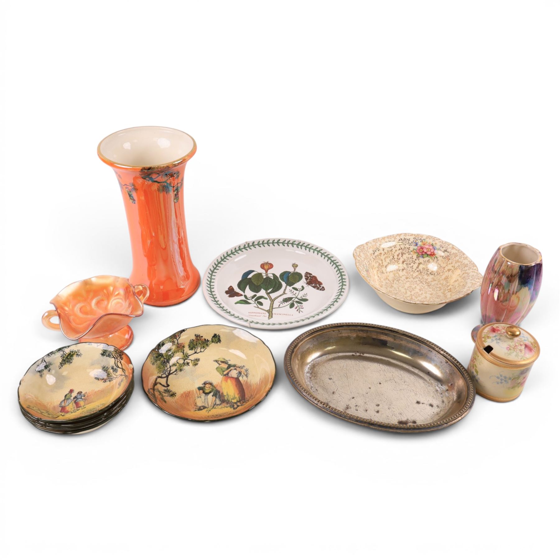 Staffordshire Wilkinson vase, Carnival glass bon bon dish, Portmeirion The Botanic Garden plate and other ceramics