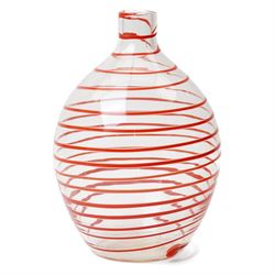 Orrefors glass vase of rectangular design etched with a sailing ship H19cm, Venetian beaker decorated with red and white enamelH15cm and two coloured glass vases