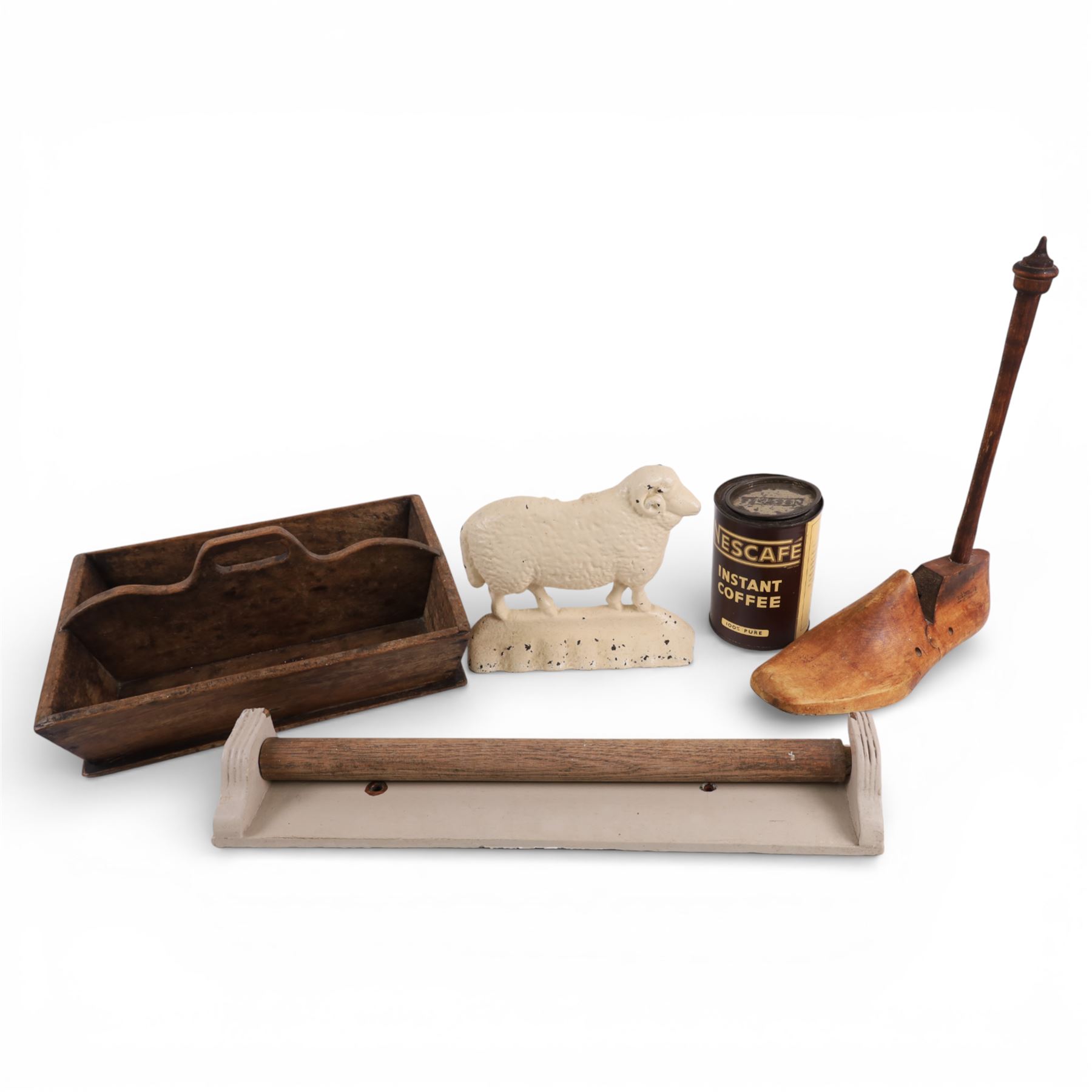 Victorian cast iron doorstop in the form of a ram; Victorian mahogany cutlery tray; Edwardian oak roller towel bracket 