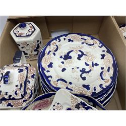 Masons Ironstone Mandalay pattern ceramics, including teapot, jar and cover, fruit bowl, butter dish, plates and bowls, etc, in two boxes 