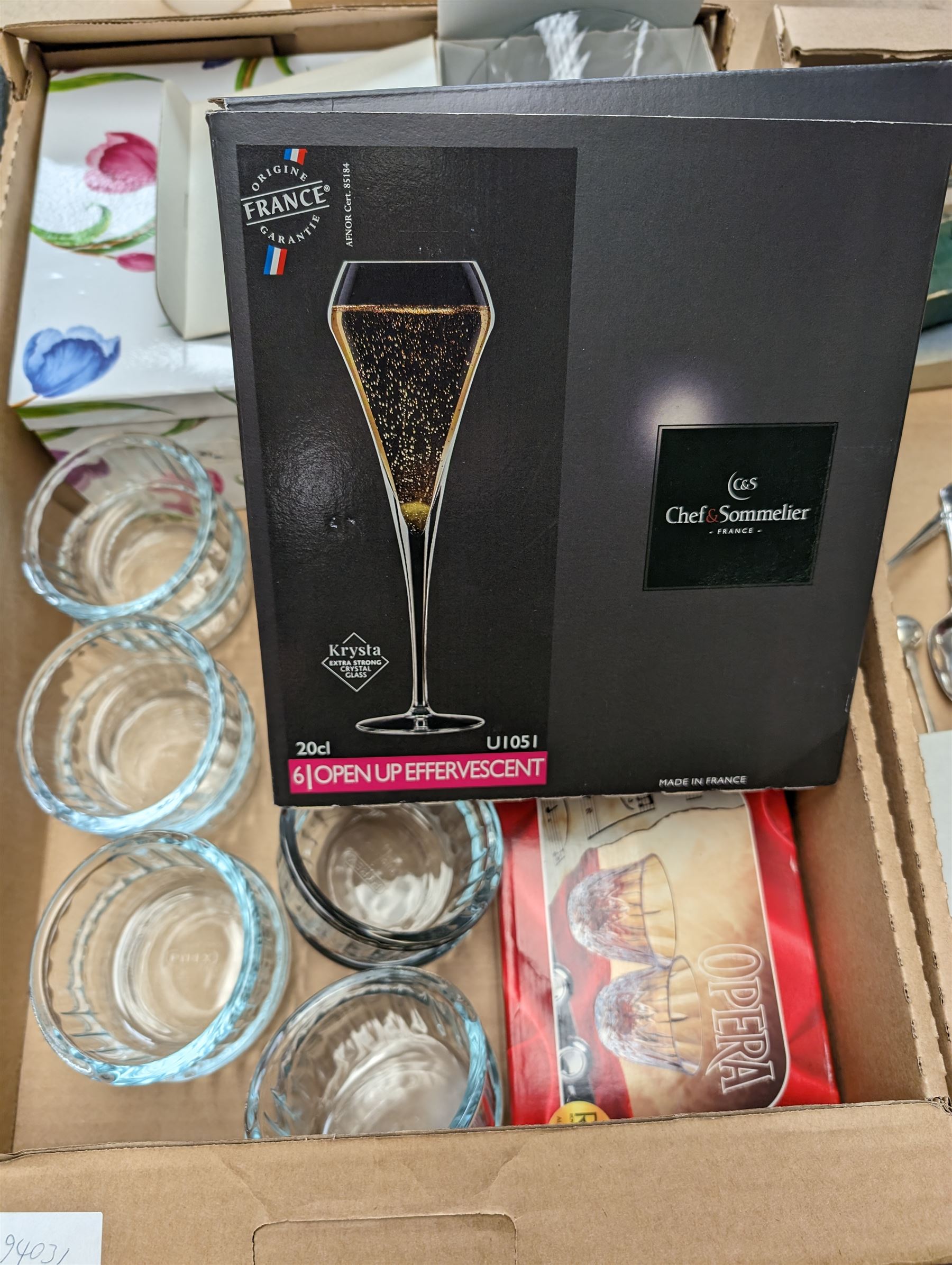 Orrefors glass vase, Walker & Hall silver plated flatware, together with three modern metal wine bottle stoppers, set of six Krysta glasses and other glassware and metal ware, in two boxes