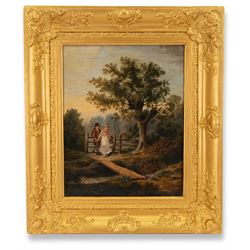John James Chalon (British 1778-1854): Wooded Landscape with Lovers at a Gate, oil on panel 47.5cm x 37.5cm
Provenance: Sale, Christie's, British and Continental pictures, March 14th 1980, Lot 146
