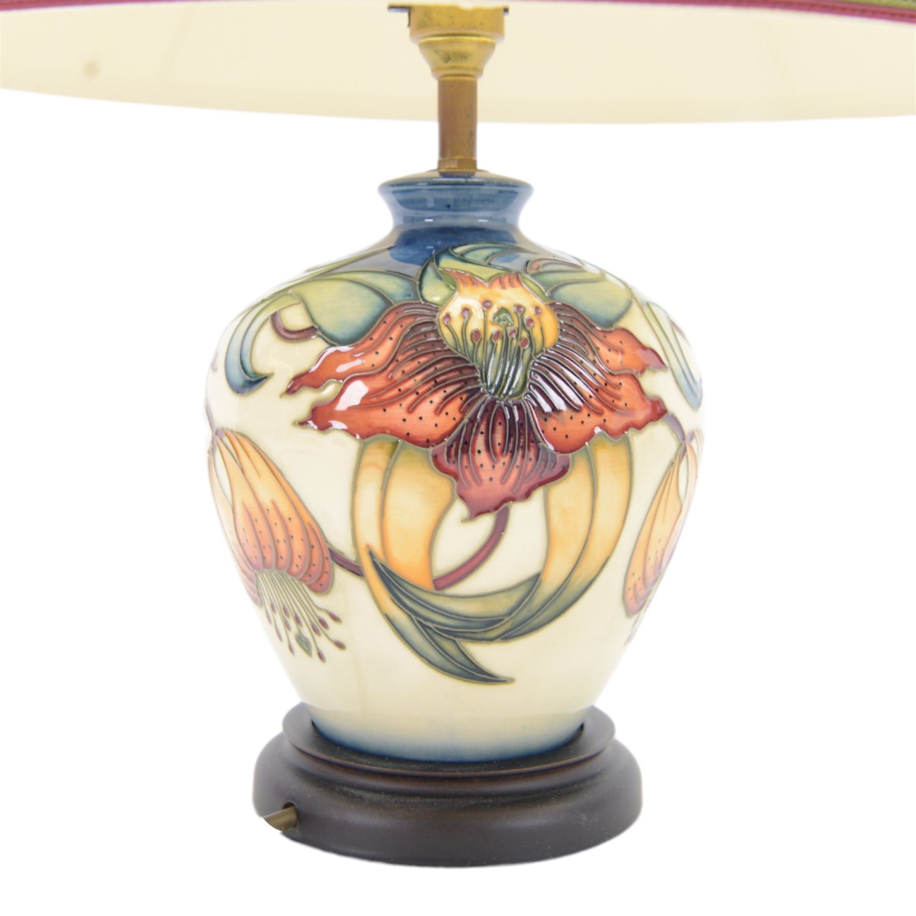 Moorcroft Anna Lily pattern table lamp with original shade, H44cm