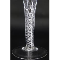Large 19th century wine glass, the drawn trumpet bowl engraved with fruiting vine, upon single series mercury twist stem and conical foot, H25cm 