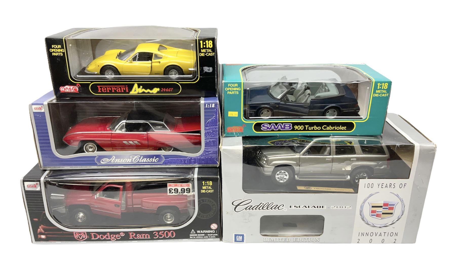 Five Anson 1:18 scale models - limited edition Cadillac Escalade 2002; Dodge Ram 3500; 1963 Ford Thunderbird; Saab 900 Turbo Cabriolet; and Ferrari Dino 246GT; all boxed (5)