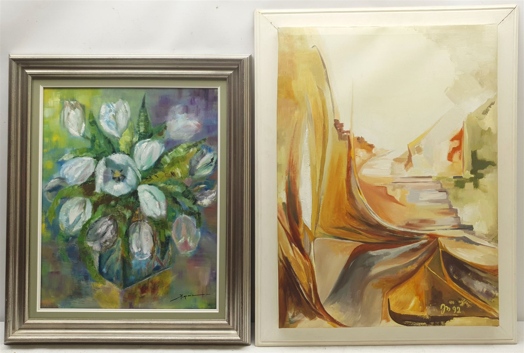 Monique Godaert-Jacquart (Belgian Conemporary): Abstract, oil on canvas signed and dated '92, together with two still life oils on canvas, max 64cm x 47cm (3)