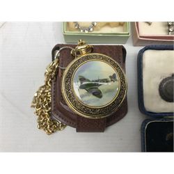 Victorian and later jewellery including silver thimble, rolled gold pendants, earrings and brooches and a collection of wristwatches including Sekonda, The Westminster Collection Historic Timepieces Spitfire pocket watch etc
