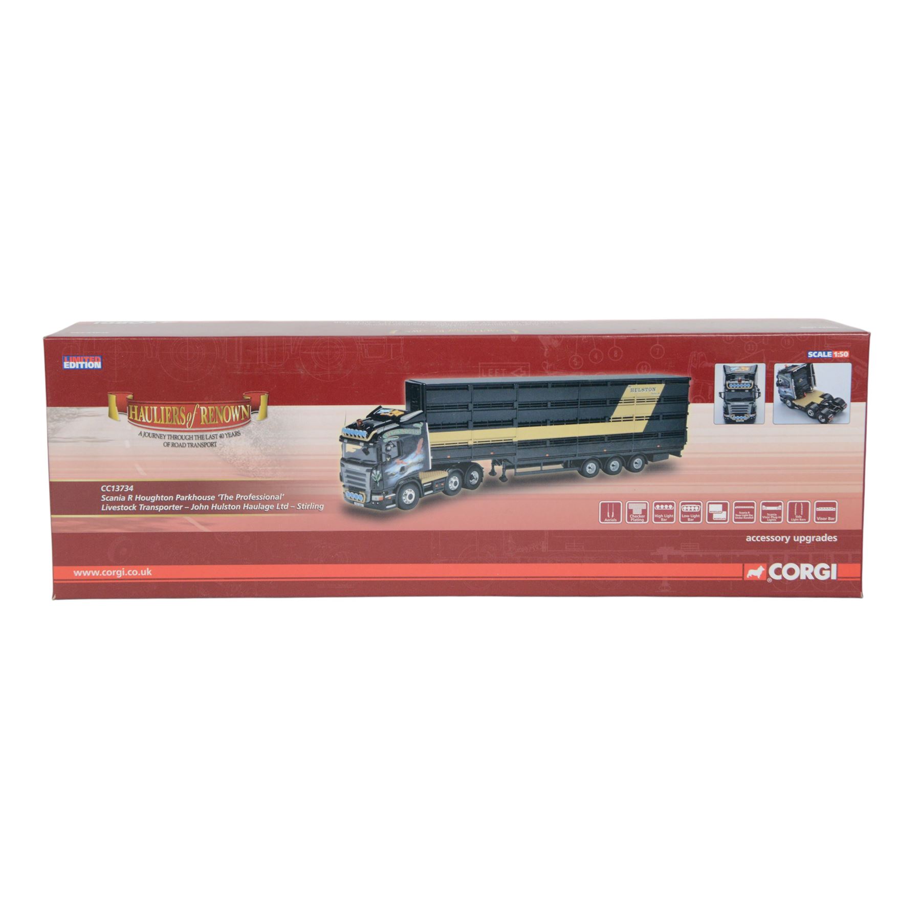 Two Corgi Hauliers of Renown 1:50 scale diecast model lorries, comprising CC14025 Volvo FH Flat Bed & Load RJ & I Monkhouse Ltd and CC13734 Scania R Houghton Parkhouse 'The Professional' Livestock Transporter, both boxed