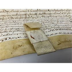 Three 17th/18th century manuscript deeds on vellum relating to properties in Bowling Alley Lane, Hull - one dated 16/12/1689 with seal 44 x 65cm; mortgage dated 20/2/1711 56 x 74cm; and assignment of mortgage dated 5/5/1727 with seal; all folded (3)