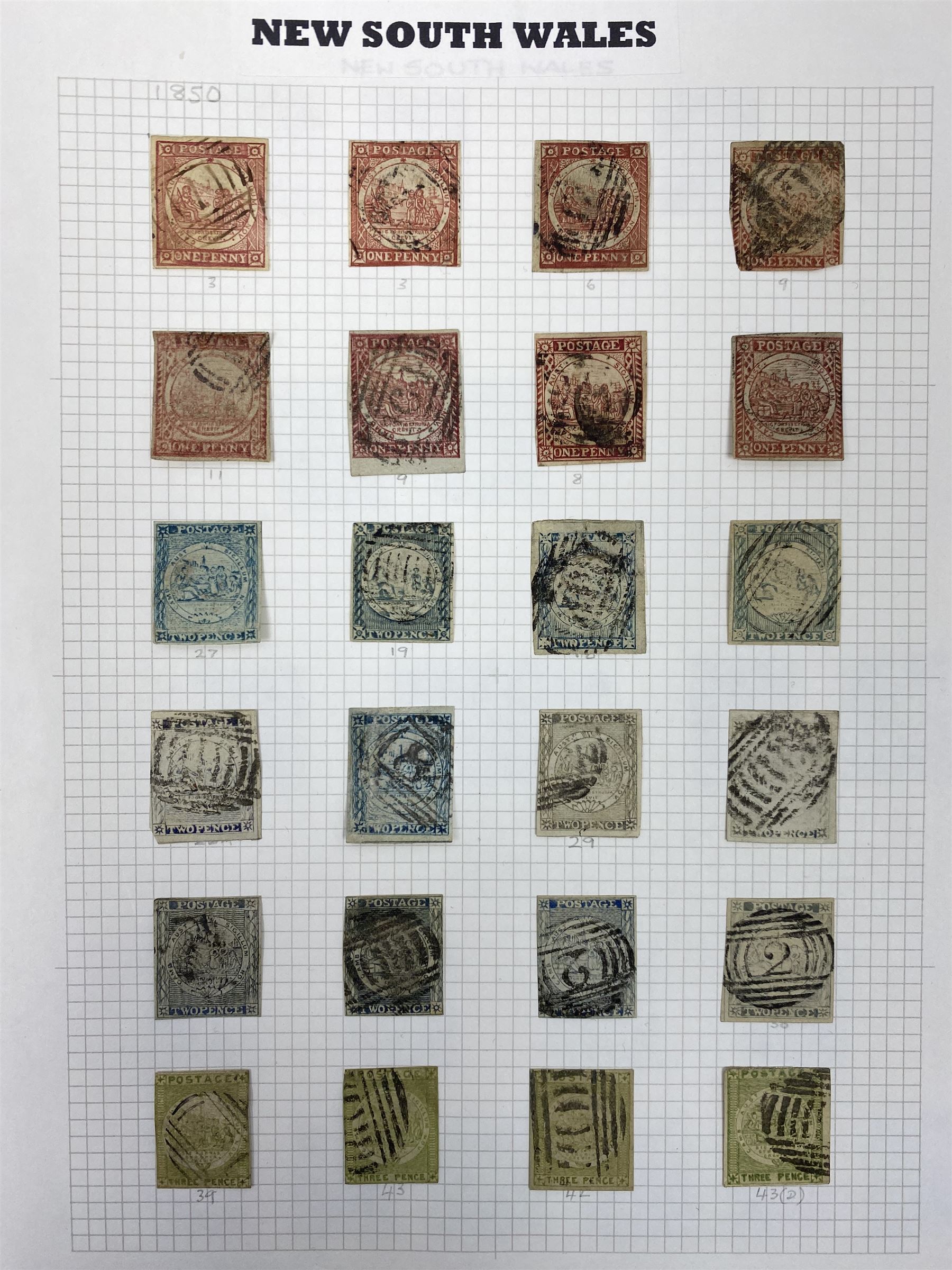 Australia New South Wales stamps, including 1850-4 various imperf issues, 1854-6 including five pence, six pence, one shilling etc, 1856-60 registered letter stamps, 1861-88 five shillings etc, housed on pages