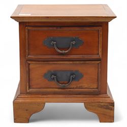 Singapore hardwood bedside chest, rectangular moulded top above two drawers fitted with metal plate handles, on shaped bracket feet