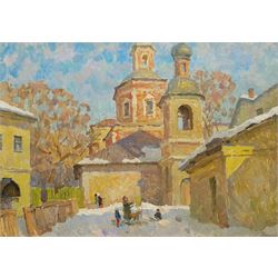 Attrib. Andrei Alexeevich Ounkovsky (Russian 1928-): Street Artist, oil on board signed, inscribed verso 48cm x 68cm