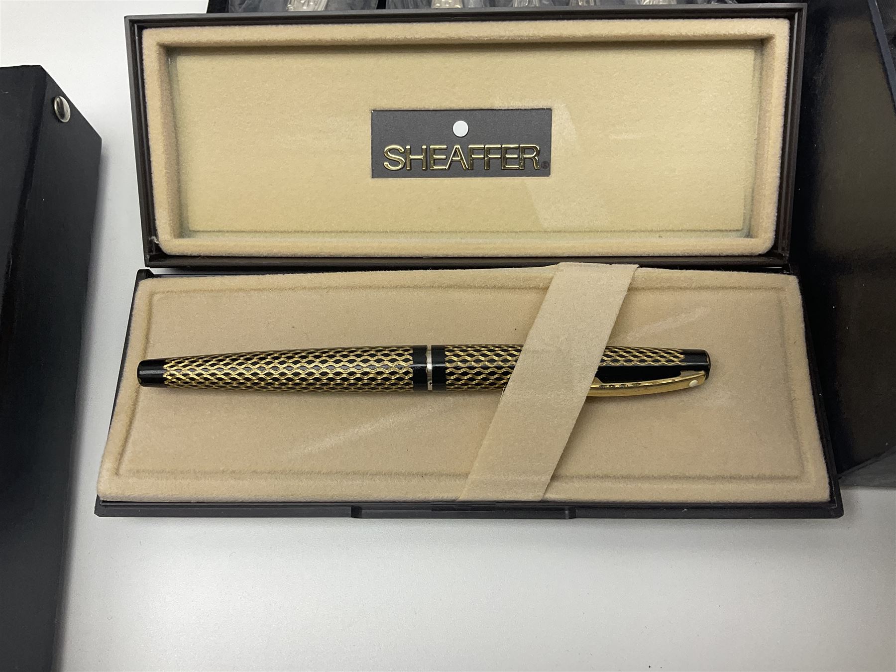 Silver plate including set of six Oneida steak knives with pistol grip handles, in original box, set of six cased cake forks, pair of goblets, etc, together with a pair of Belleek Celtic pattern mugs, 