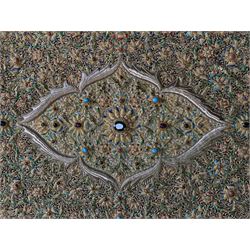 20th century large Zardozi wall hanging, hand embroidered in gold thread on black velvet ground with semi-precious stones and central medallion  149x93cm