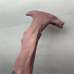 Helen Skelton (British 1933 – 2023): Three carved wooden abstract sculptures, two in pink tones, the third in dark tones, largest H77cm. Born into an RAF family in 1933 in Kent and travelled the world extensively during her childhood. After settling in Bridlington, Helen immersed herself in painting, textiles, and wood sculpture, often inspired by nature's beauty. Her talent was showcased in a one-woman show at Sewerby Hall and recognised with the sculpture prize at Ferens Art Gallery in 2000. Sadly, Helen’s daughter passed away from cancer in 2005. This loss inspired Helen to donate her sculptures to Marie Curie upon her passing in 2023.