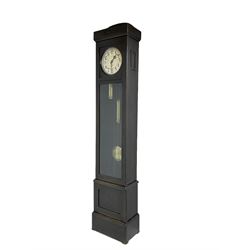 20th century Art Deco- oak cased 8-day longcase clock c1930, flat topped case with a fully glazed door on a stepped plinth, silvered circular dial with Arabic numerals and pierced steel hands, chain driven twin train movement with  4 gong rods. With pendulum and two brass cased weights.