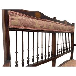 Edwardian inlaid mahogany salon sofa, upholstered seat and back rail