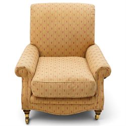 Pair of Victorian style armchairs of traditional shape, high rolled and sprung back over rolled arms, upholstered in chequered fabric with pineapple motifs with loose seat cushion, on turned feet with brass castors