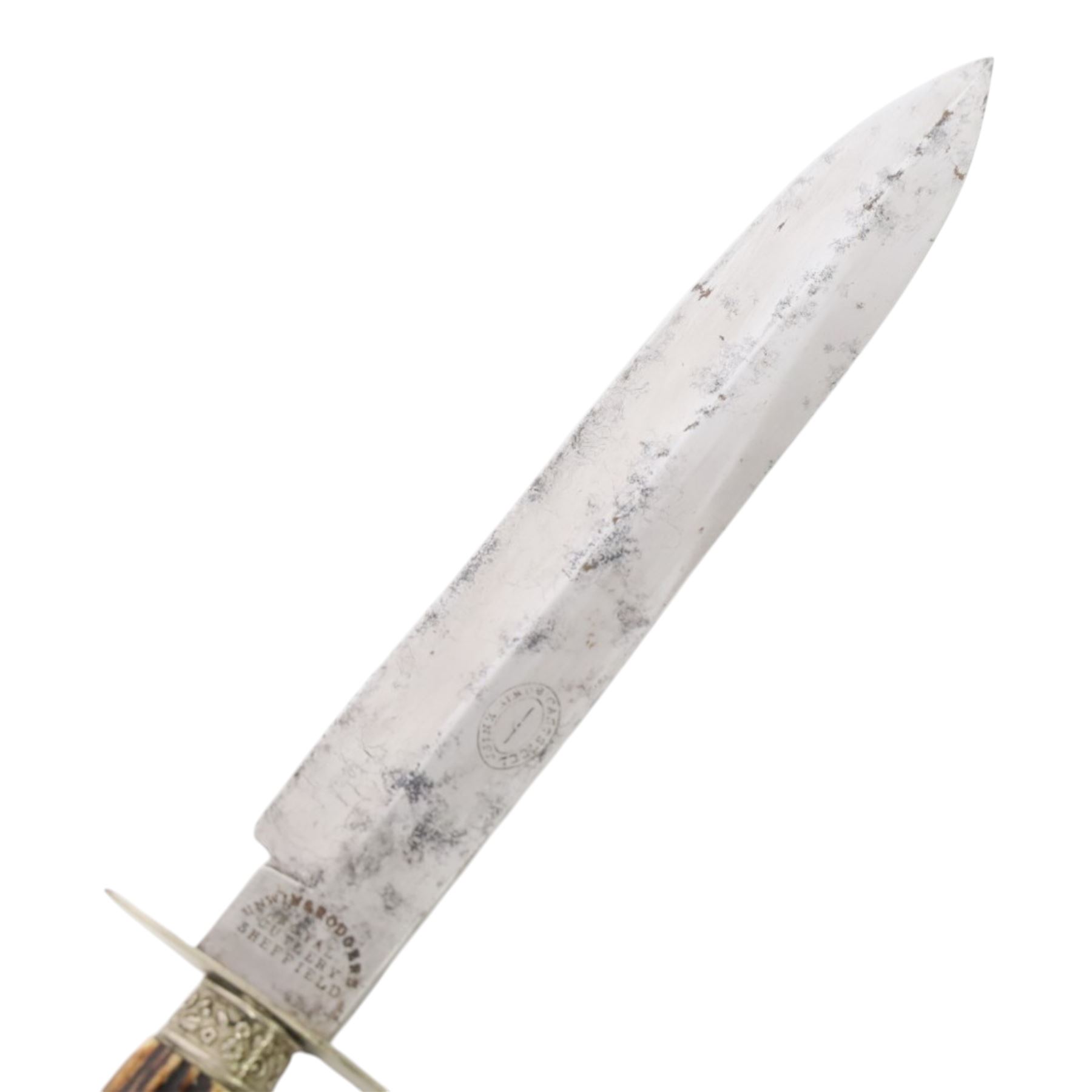 Unwin & Rodgers horn handle Bowie knife with leather scabbard, L33cm  