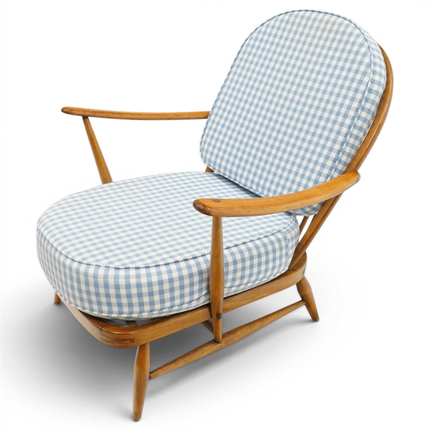Ercol - 'Fleur de Lis' Windsor elm armchair and footstool, with blue gingham checked seat cushions