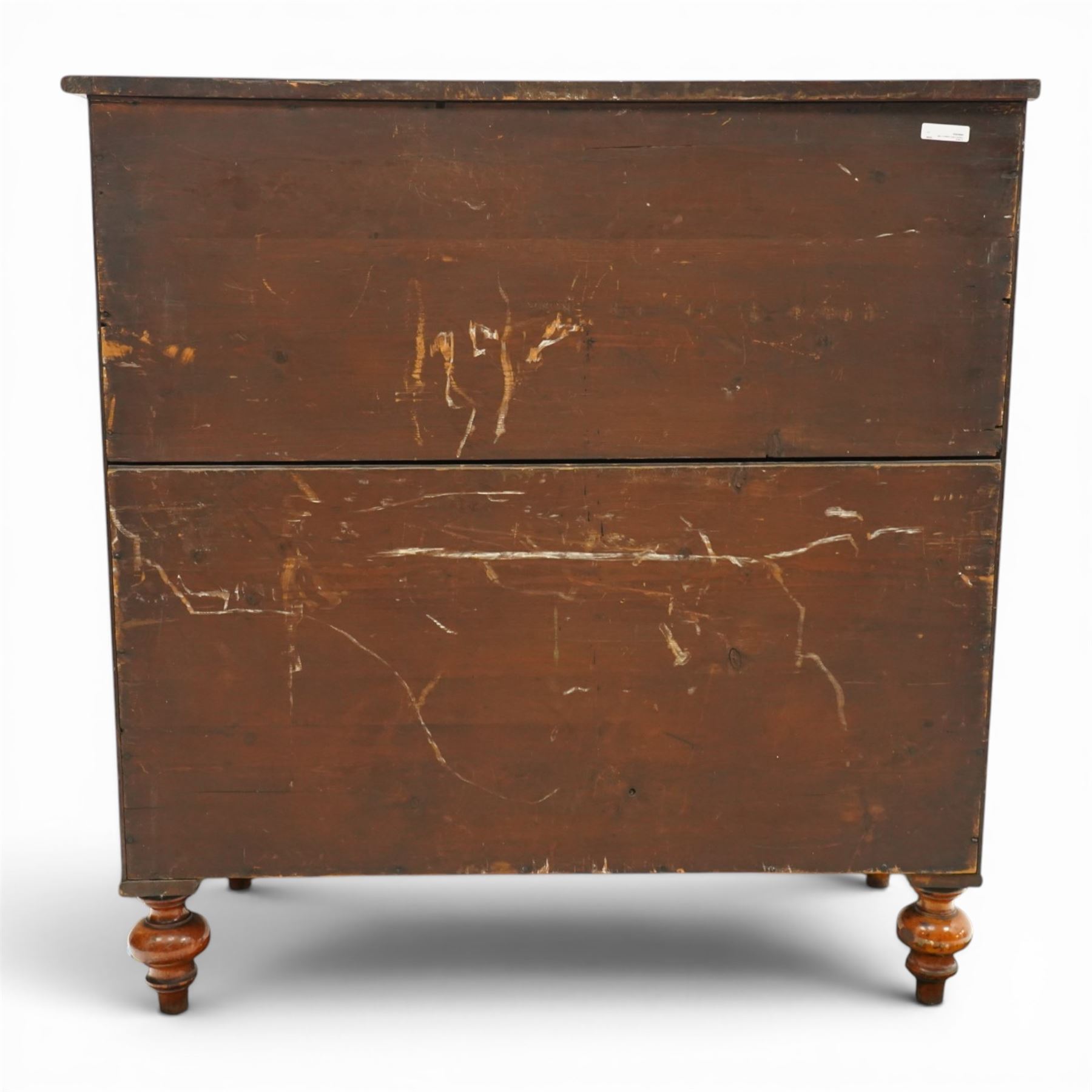 Mid-Victorian figured mahogany chest of drawers, circa 1860, rectangular moulded top over two short and three long drawers with figured veneers, on turned supports