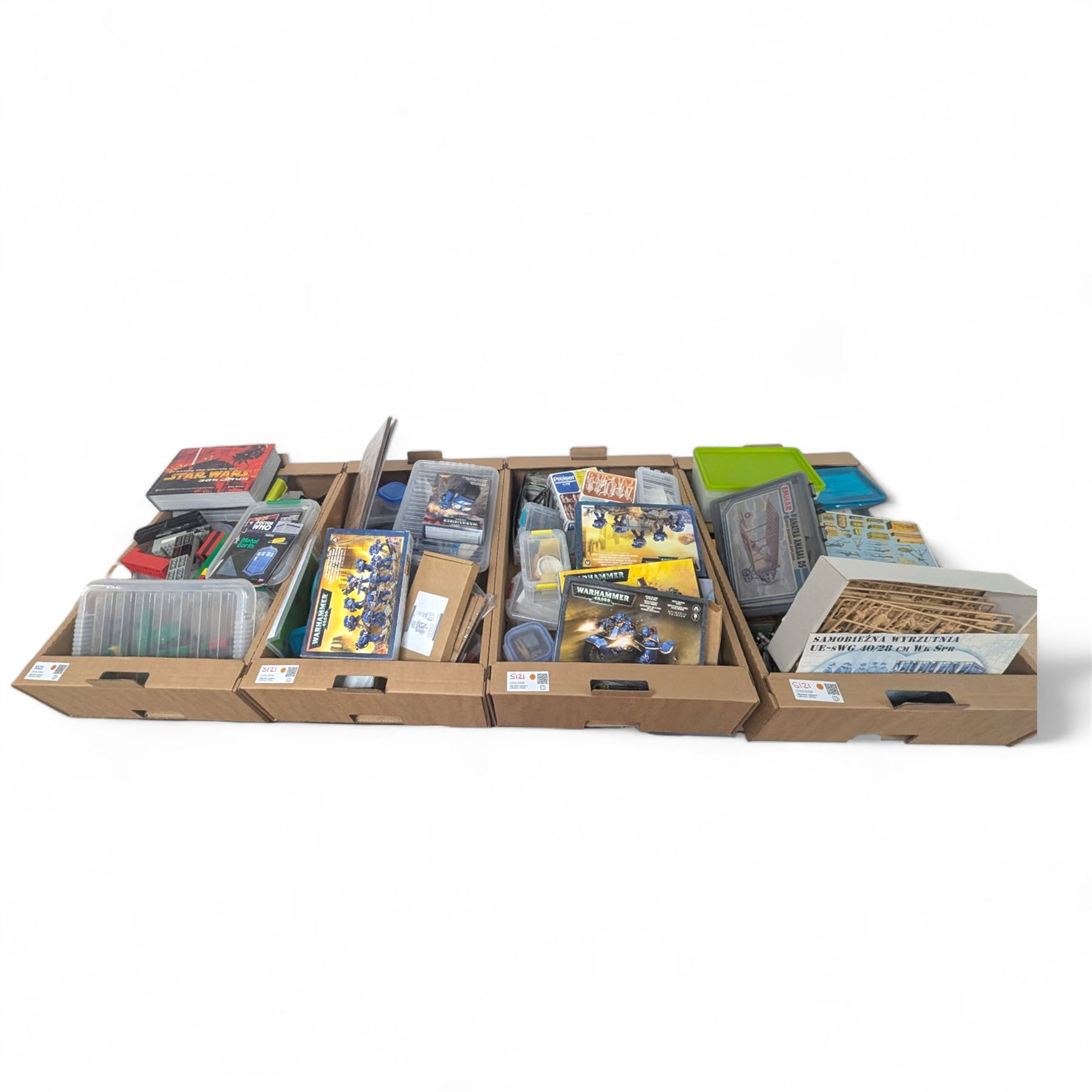 Collection of modelling equipment, kits, accessories, loose lego, including Games Workshop Warhammer 40000, military figures, etc, in four boxes, 