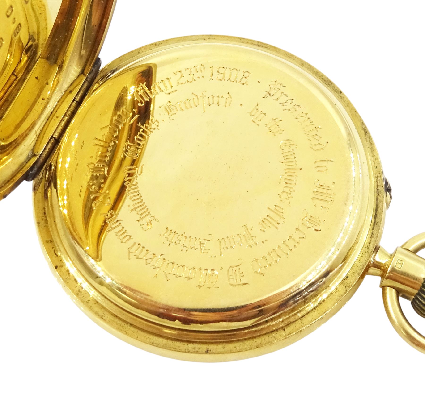 Edwardian 18ct gold half hunter keyless lever presentation pocket watch by Manoah Rhodes & Sons, Bradford, No. 16317, white enamel dial with Arabic hour markers and subsidiary seconds dial, back case monogrammed with initials, markers mark JG, London 1907, in original silk and velvet lined case