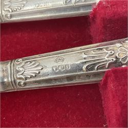 Victorian silver cut glass cruet set on stand, with diamond cut bodies, a set of six silver handled cake forks, cased, a Georgian silver mustard spoon and a silver plated shovel spoon, all hallmarked 