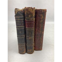 The Works of Mr. William Shakespear. 1750. Volumes four and five only. Bound in full leather; and Goldsmith Oliver: Essays, Poems and Plays. 1816. Engraved title page and frontispiece. Full leather binding (3)