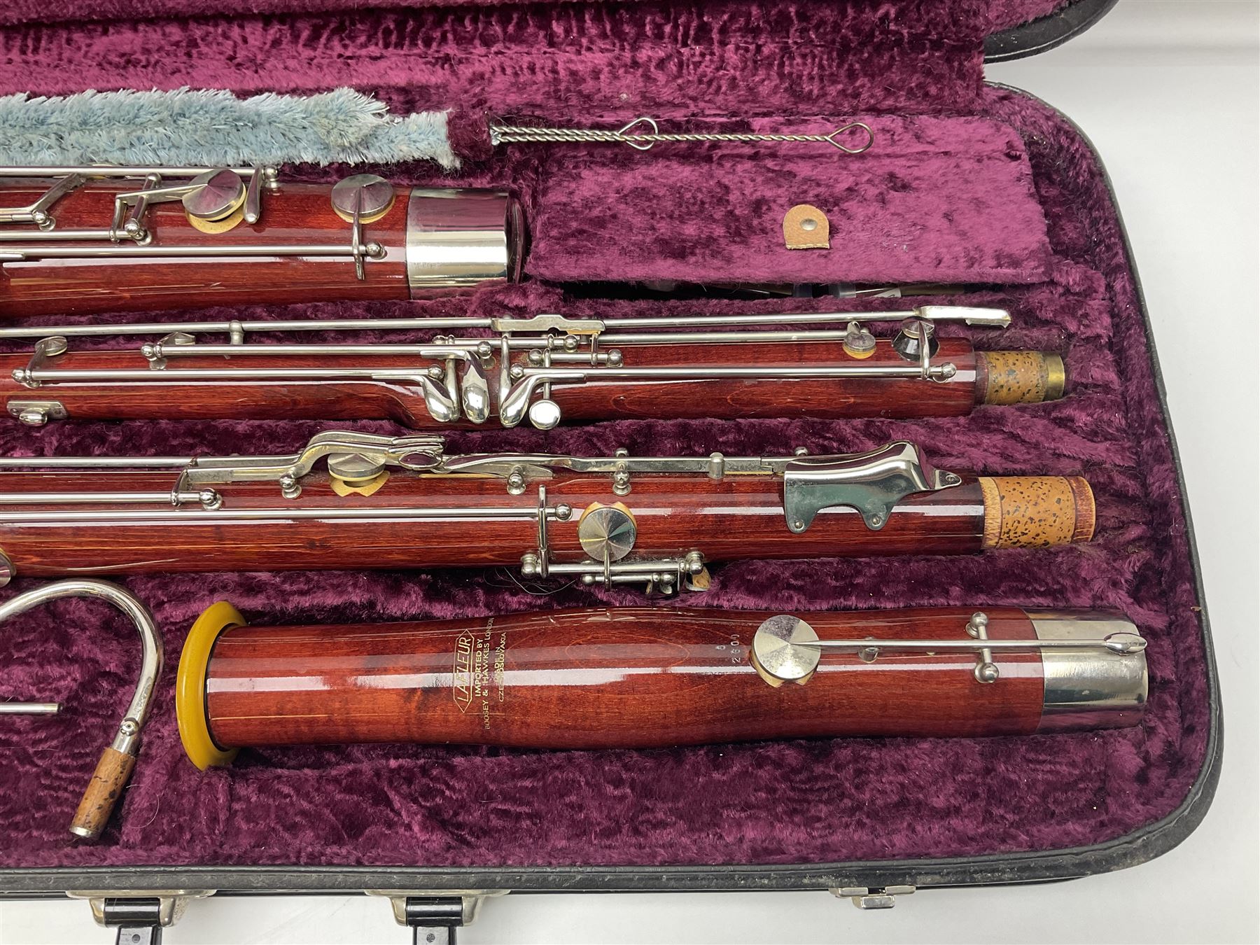 Lafleur bassoon imported by Boosey & Hawkes from Czechoslovakia, serial no.8 2600; in fitted hard carrying case with crooks and accessories