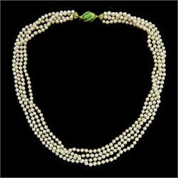 Four strand cultured pearl necklace, on gold green enamel candy design clasp