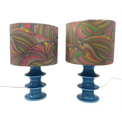 Pair of mid-20th century Swedish blue table lamps, designed by Inger Persson as part of the 'Pop' series for Rorstrand, with shades and light diffusers, H35.5cm