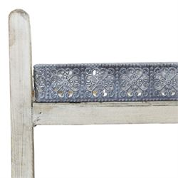 OKA style four tiered waterfall bookshelf, painted woodened frame with pierced wrought metal gallery