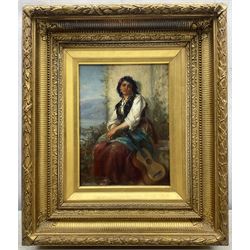 Thomas Kent Pelham (British fl.1860-1891): Young Spanish Lady with Guitar, oil on mahogany panel signed with initials, further signed and dated 1889 verso 24cm x 18cm