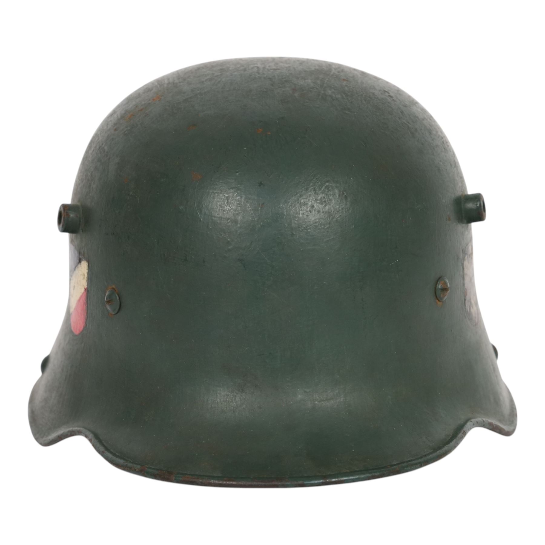 German double decal  M16 helmet with tricolour decal to the right and army eagle to the left, with leather lining and strap 