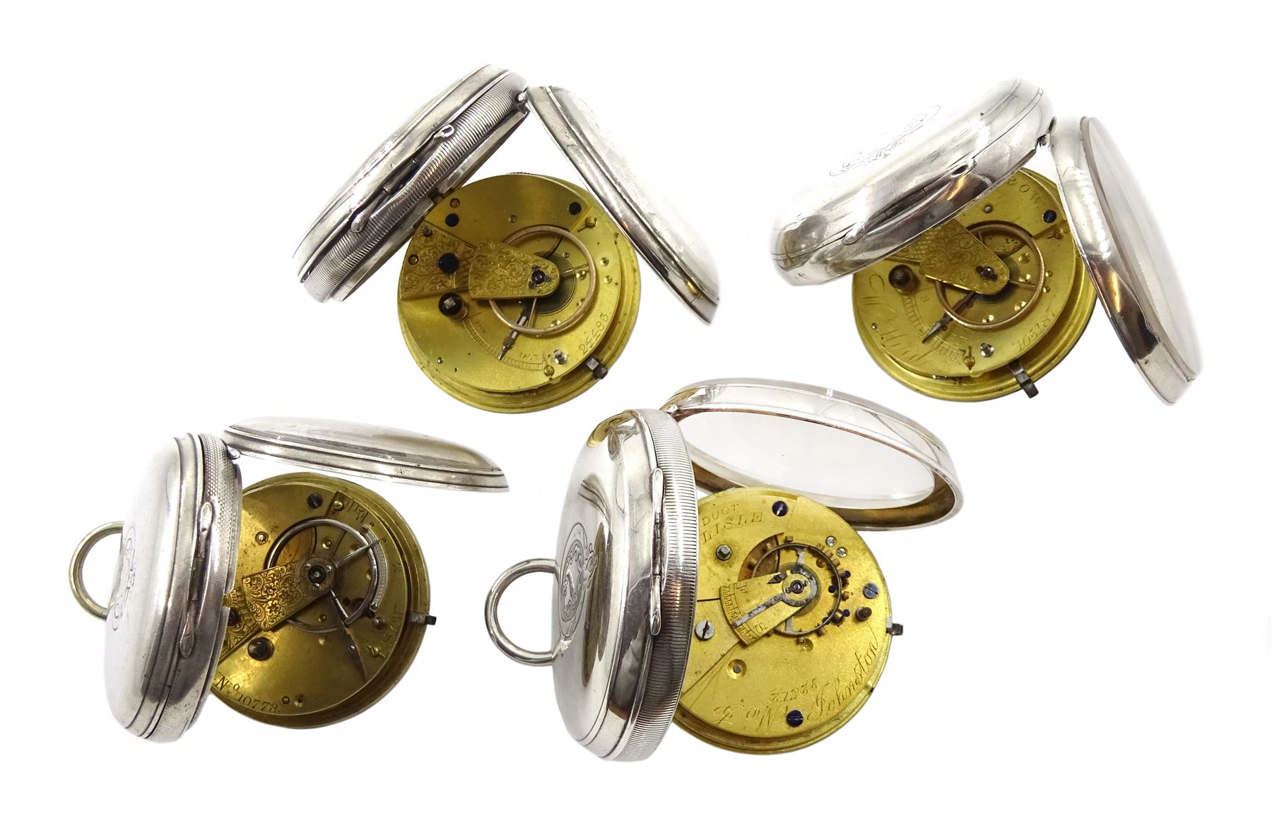 Four Victorian silver open face lever pocket watches, one by W. Hird, Barrow another by J.W. Johnston, Carlisle, two not signed, white enamel dials and a silver dial with Roman numerals and subsidiary and seconds dials, hallmarked (4)