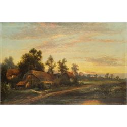 E M Frearson ? (19th/20th century): Cottages at Sunset, oil on canvas indistinctly signed 50cm x 75cm