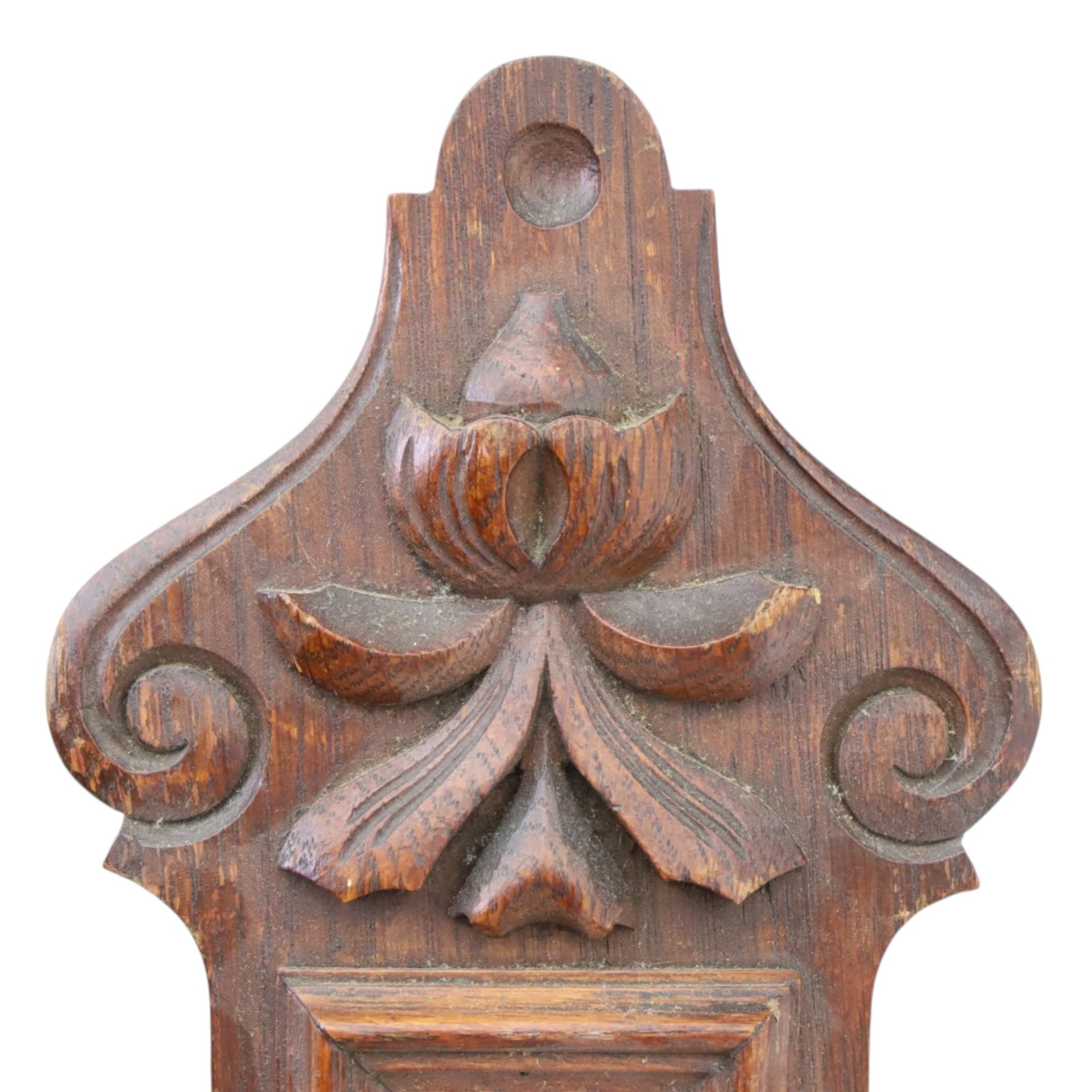 Victorian carved oak aneroid barometer, the foliate crest above a glazed thermometer, with scroll carved sides and circular dial below, H  60cm
