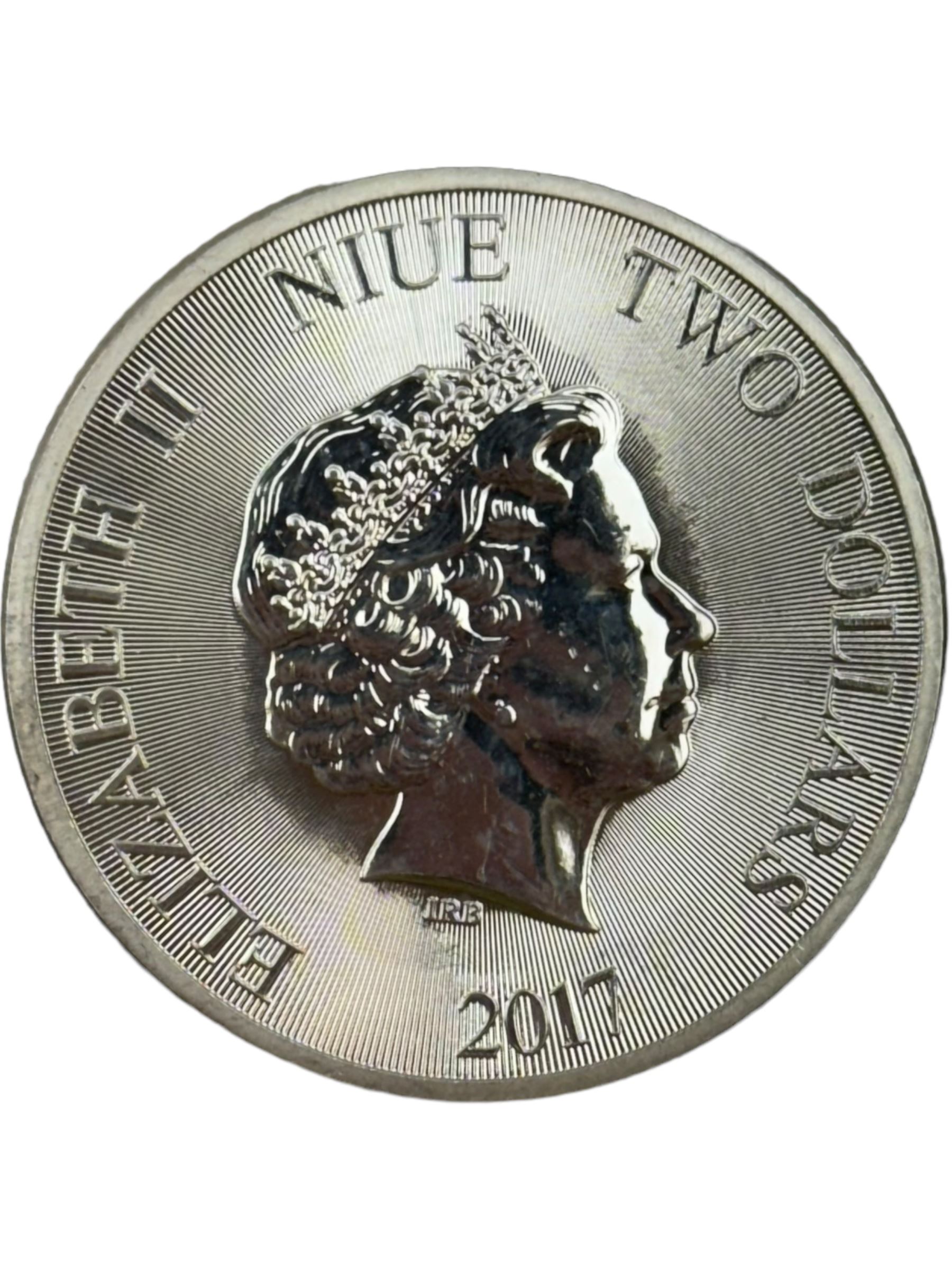Five Queen Elizabeth II Niue one ounce fine silver two dollars coins dated 2016 'Turtle', 2017 'Panda', 2017 'Darth Vader', 2018 'Stormtrooper', 2019 'Clone trooper' and two Fiji one ounce fine silver one dollar coins dated 2015 'Iguana', 2016 'Iguana' (7)