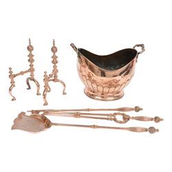 Victorian copper coal bucket, of oval part fluted form with twin handles, H32cm, together ...