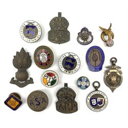Hallmarked silver A.R.P badge, a similar A.R.P pin badge, various swimming club badges, 'Brighton & Hove Juvenile Welfare Council' fob, etc (15)