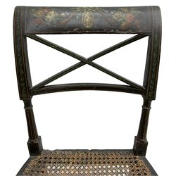 Collection of Regency dining chairs - set of four Regency painted beech dining chairs, with cane seat and back, on collar turned supports with splayed feet (W46cm, H84cm); a pair of Regency ebonised dining chairs (W47cm, H77cm); and a single Regency dining chair, the cresting rail painted with floral cornucopias and central putto vignette, X-frame back over cane seat, on collar turned front supports painted with foliage (W46cm, H84cm) (7)