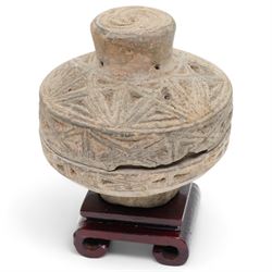 Chinese Western Han Dynasty pierced and carved earthenware incense burner,  c.206BC-24AD, ...
