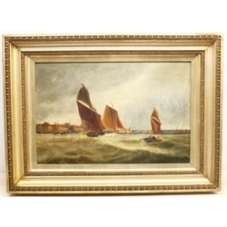 English School (19th century): Shipping off a Coastal Town, oil on canvas unsigned.